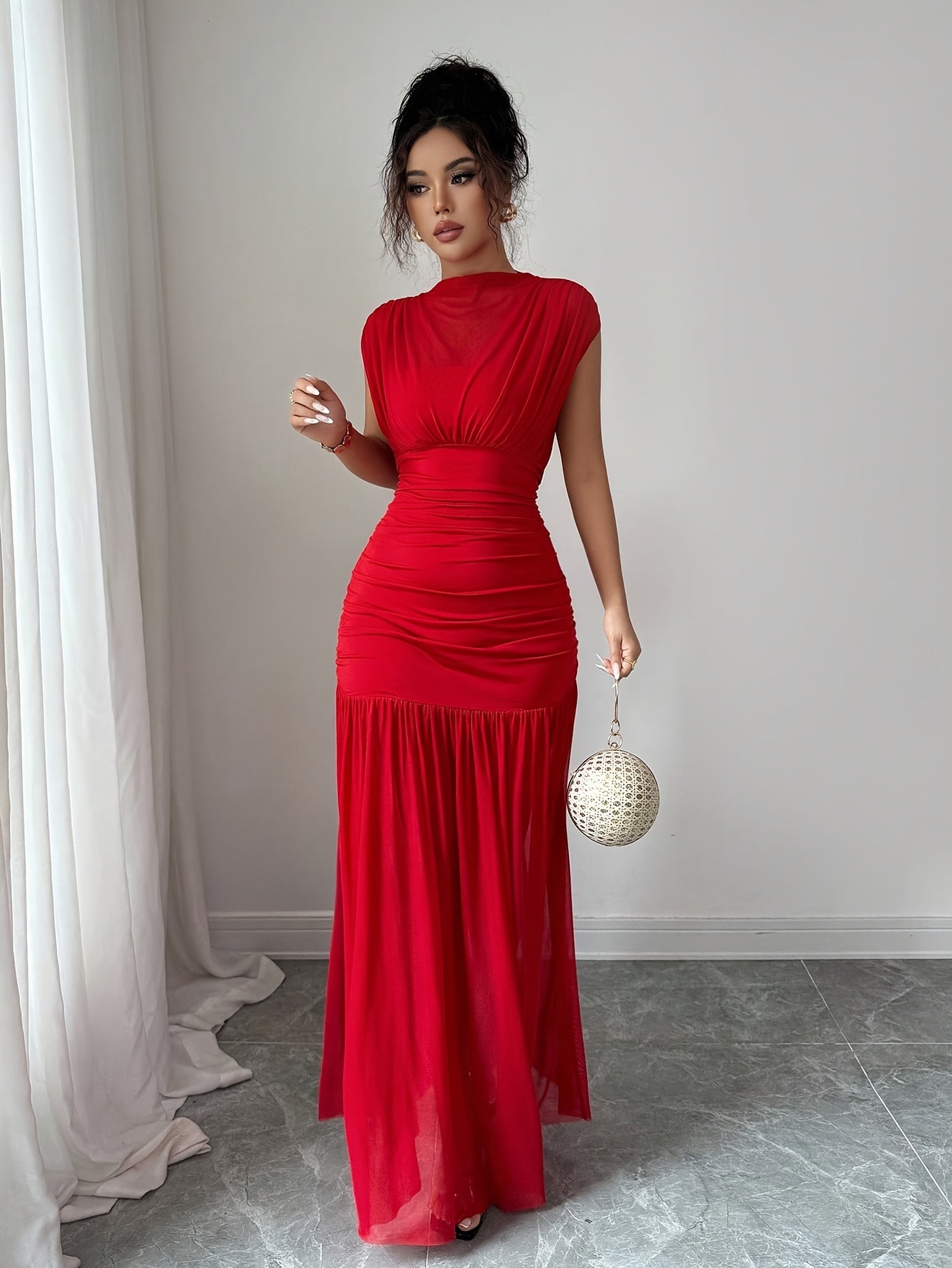 Robe Femme Élégante Sirène — Col Haut, Coupe A-Line Longue, Dos en Tulle Transparent, Robe Extensible Rouge pour Mariages, Soirées et Prom, Lavable en Machine, Tenue Formelle pour Femmes