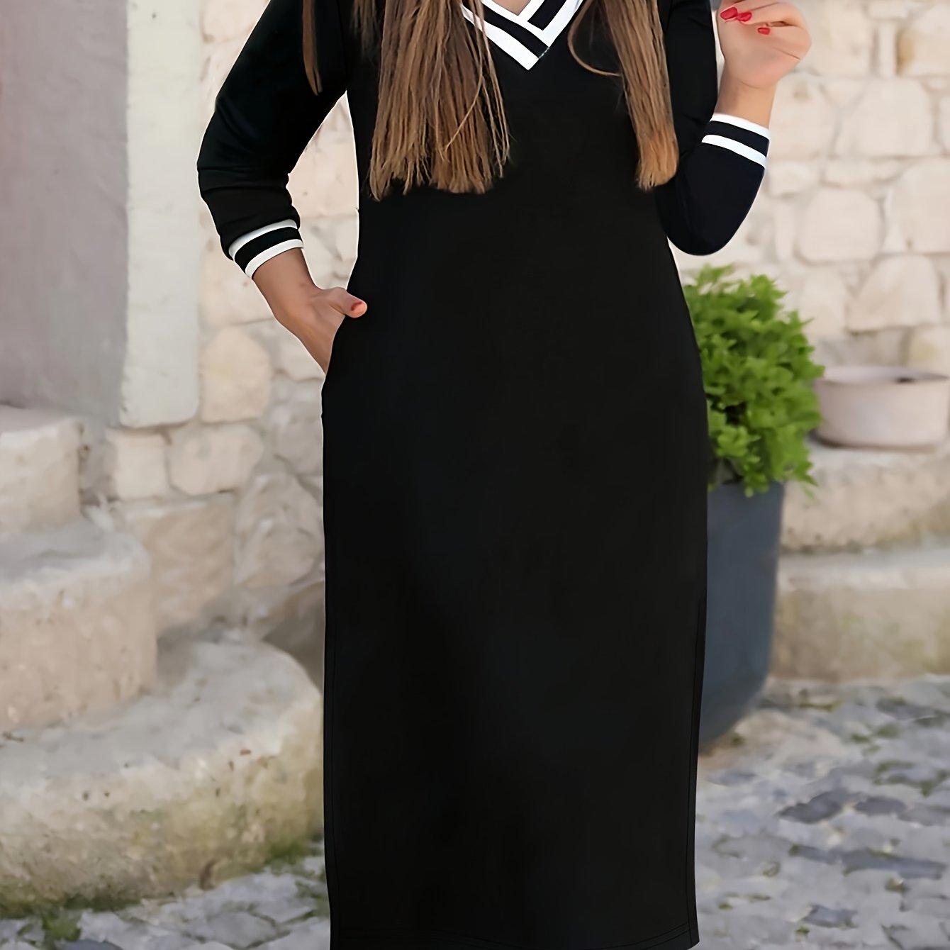 Robe Grande Taille – Col V, Manches Longues, Coupe Ample A-Ligne, Ourlet Fendu, Style Décontracté