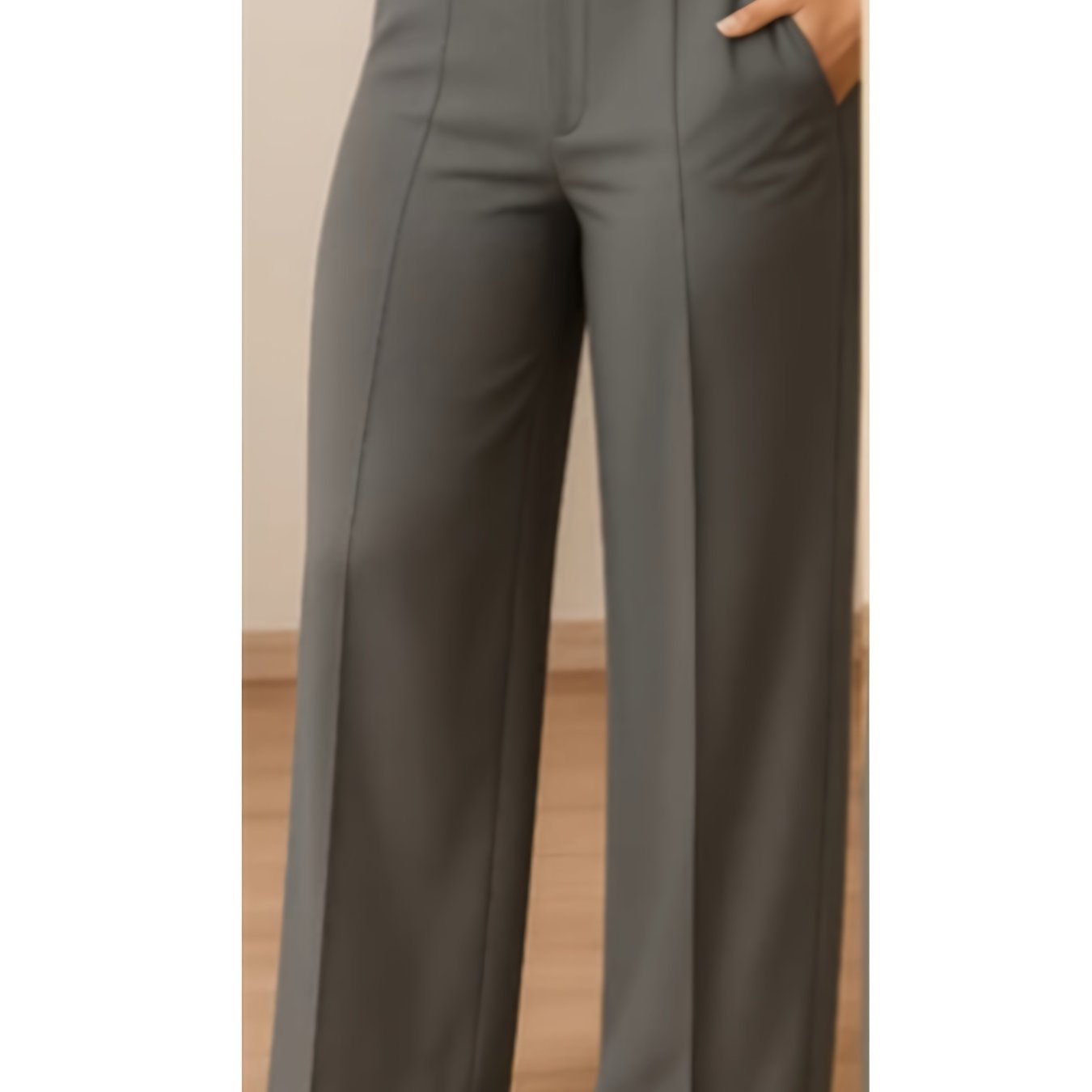 Pantalon Femme Jambe Large Taille Haute – Gris/Noir, Sans Ceinture, Style Bureau et Décontracté