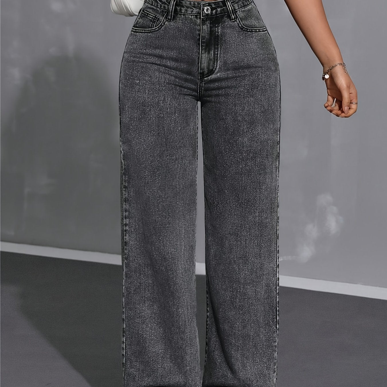 Jeans Femme Taille Haute Vintage Jambe Large Non Transparent Fermeture Zippée Taille Mi-Haute Poches Toute Saison