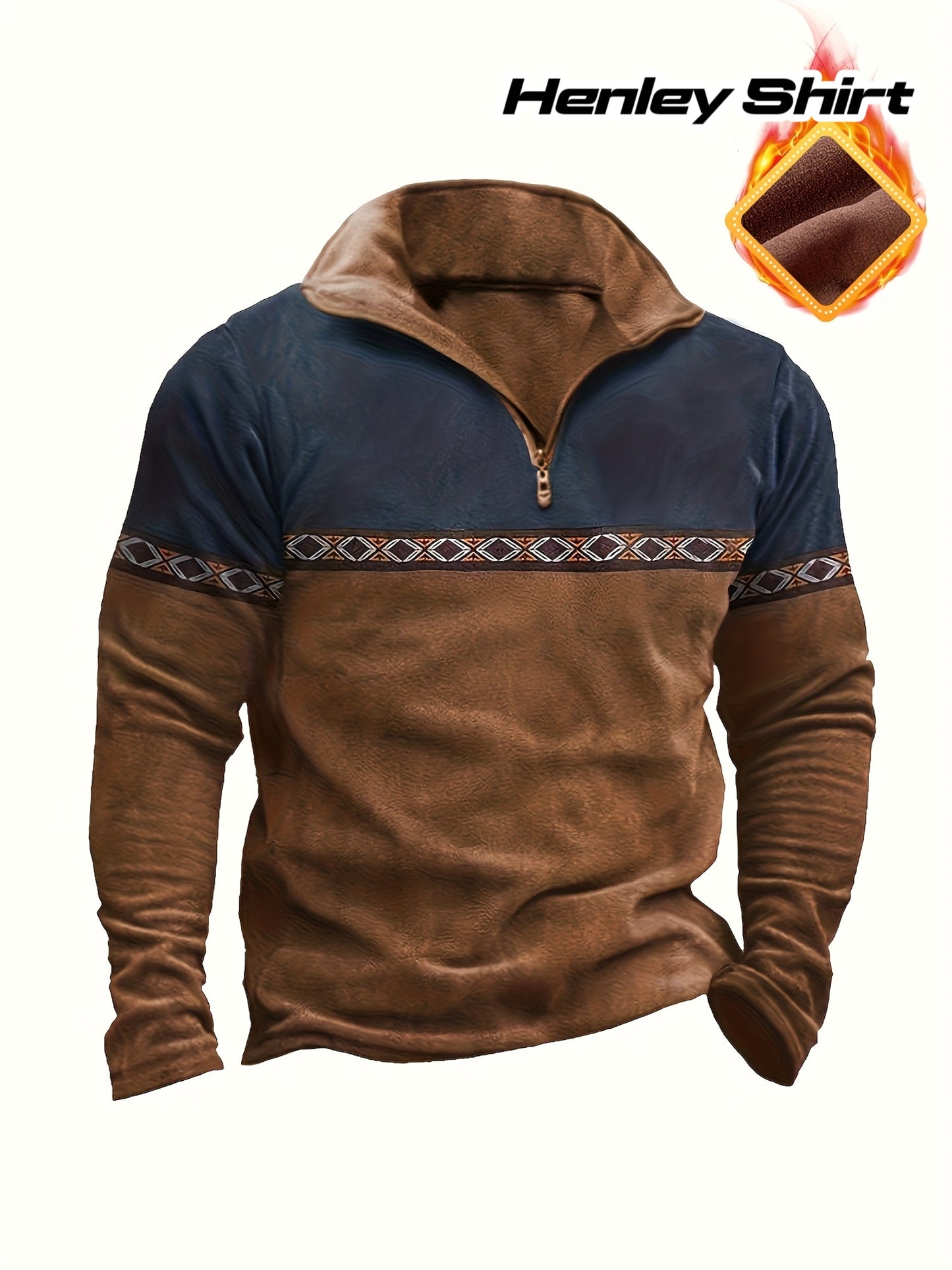 Men's Fashion Casual Long Sleeve Zip-Up Henley Shirt with Contrast Stitching and Fleece Lining for Autumn/Winter