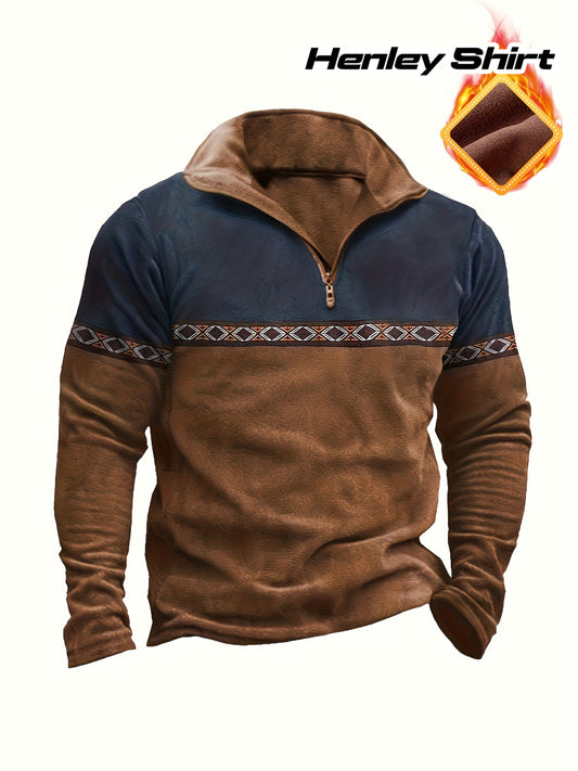 Men's Fashion Casual Long Sleeve Zip-Up Henley Shirt with Contrast Stitching and Fleece Lining for Autumn/Winter