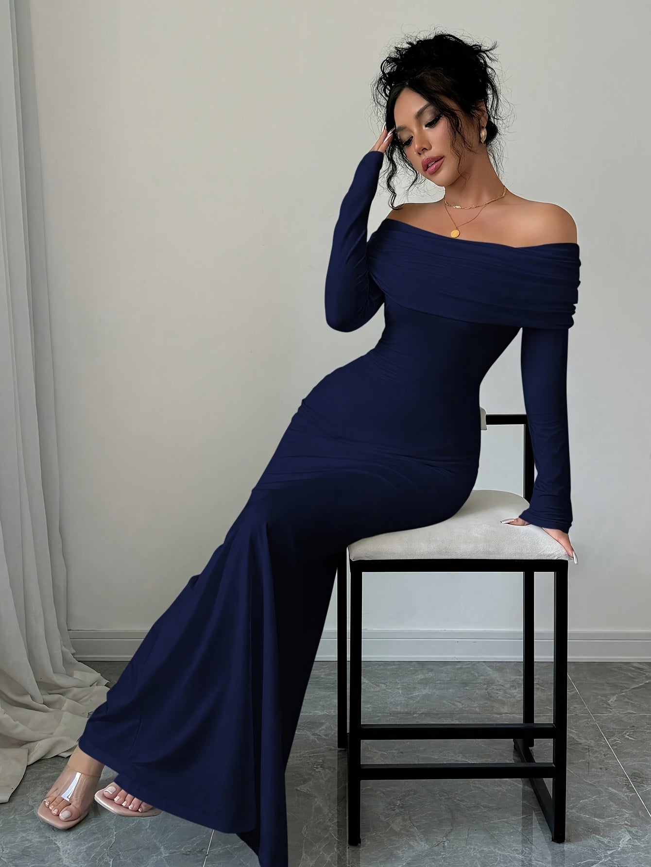 Women's Elegant Strapless/ Neck Twist Back Mermaid Dress - Solid Color Fitted Long Sleeve Dress Suitable for Weddings, Parties, Business Events - Machine Washable Year-Round Wear