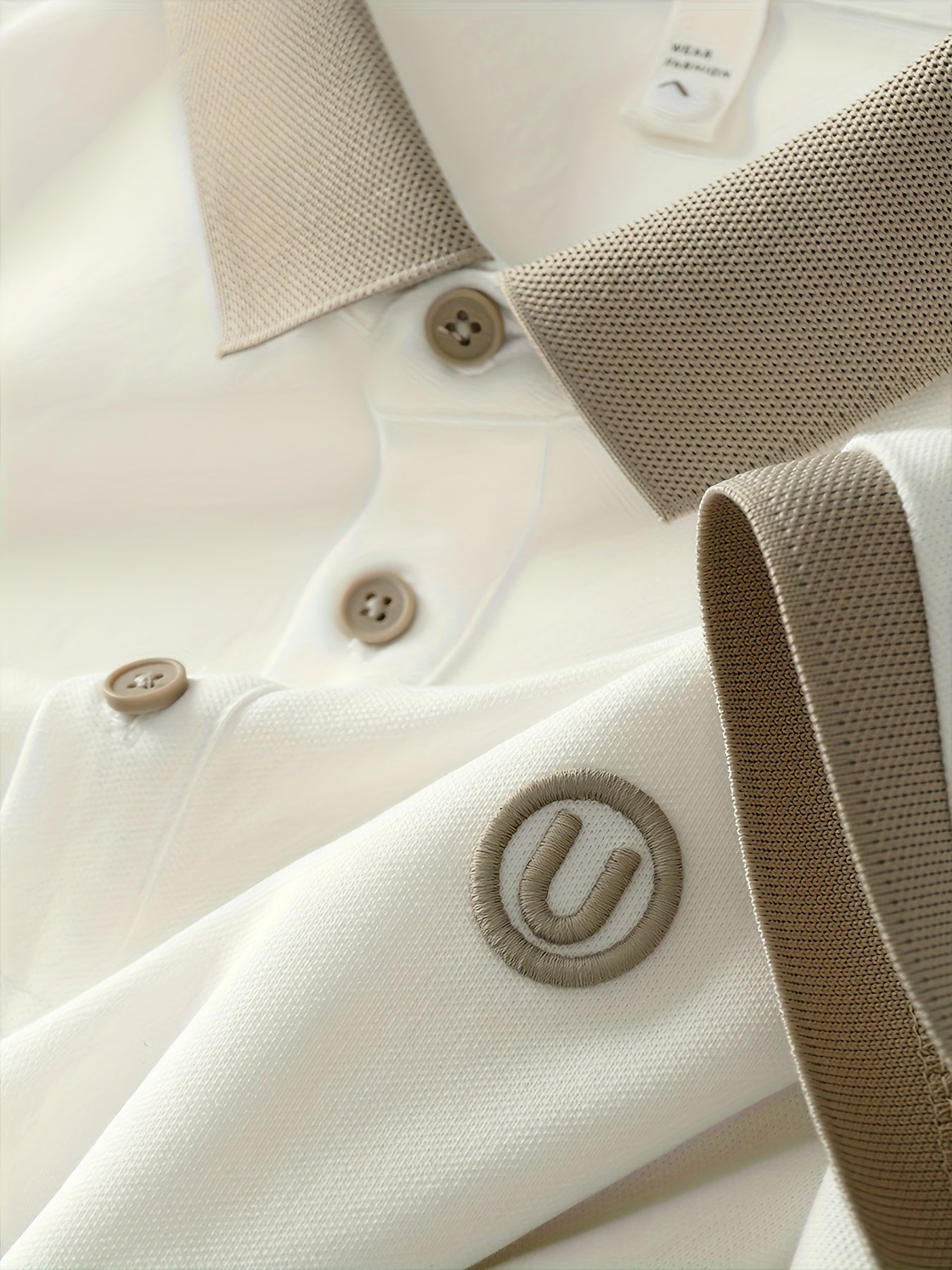 Men's Stylish Embroidered Shirt - Casual Short Sleeve, Button-Up Collar, White with Gray Collar & Cuff Accents, Soft Polyester Fabric, Perfect for Golf or Casual Attire, Golf Shirt | Embroidered Collar Detail | Smooth Texture