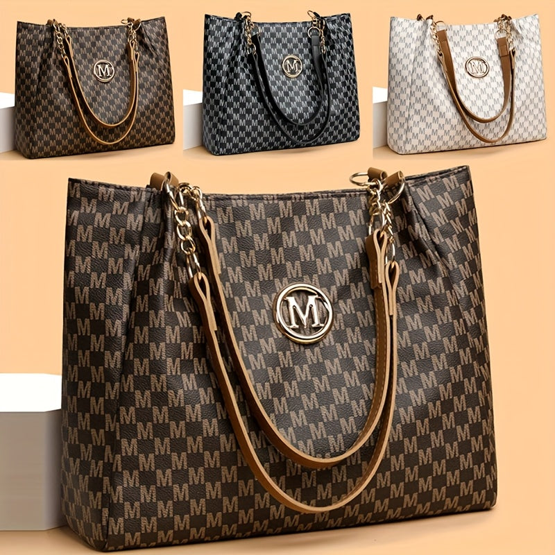 Sac Cabas Femme Élégant et Classique à Monogramme « M » – Grande Capacité, Cuir Synthétique avec Détails Marron, Bandoulières Fixes et Quincaillerie Dorée, Fermeture Éclair, Parfait pour le Travail, Déplacements et Shopping