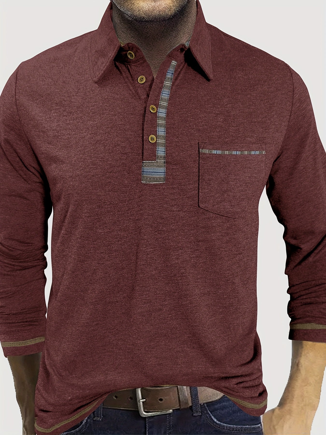 Plus Size Men's Retro Casual Shirt - Long Sleeve Button-Up with Color Block Detailing, Machine Washable Spring/Fall Top for Casual Attire, PLUS SIZE