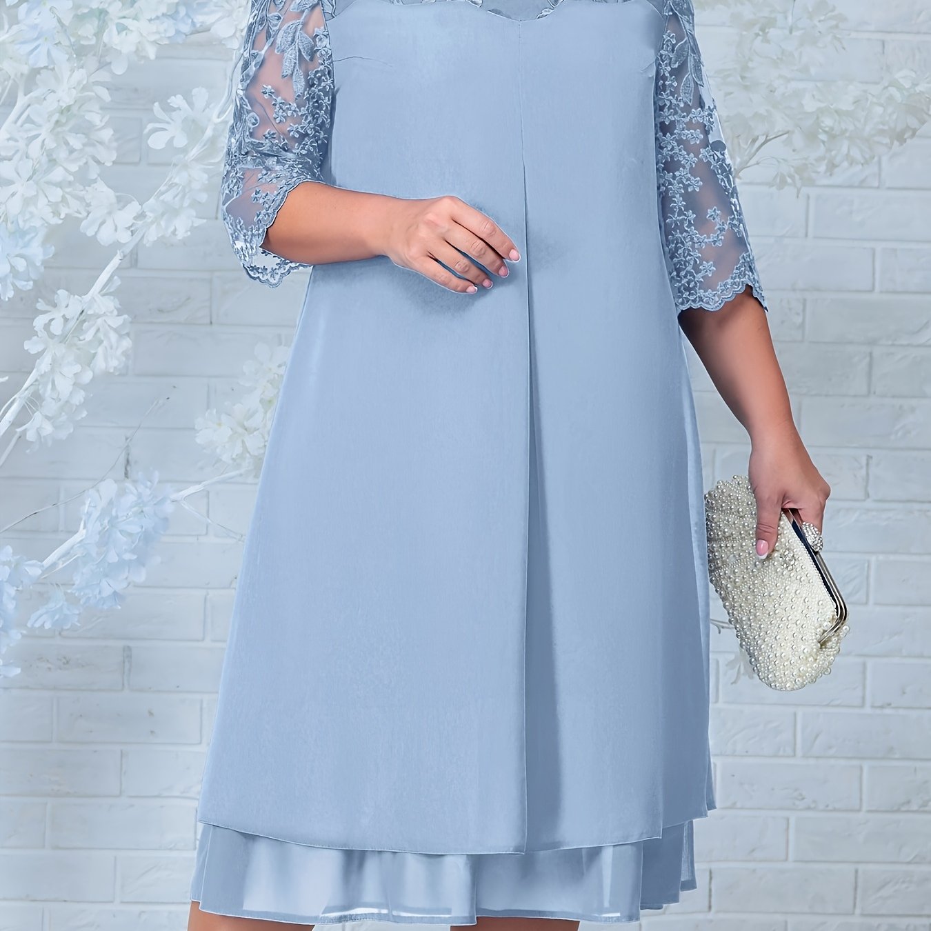 Plus Size - European And American Women'S Embroidered Chiffon Patchwork Round Neck Short Sleeve Elegant Casual Plus Size Mother of The Bride Dress