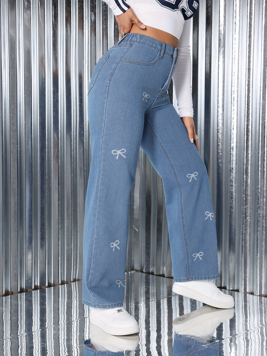 Jeans Femme Jambe Droite Décontracté Denim Avec Nœud Confortable