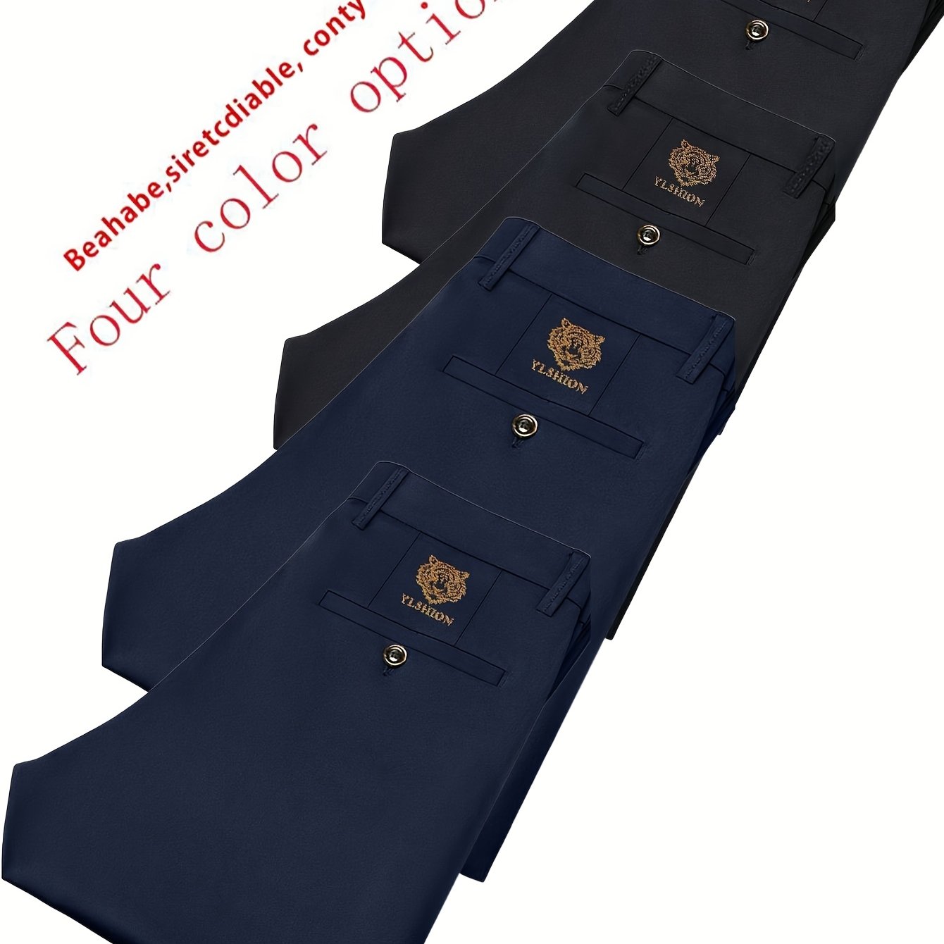 4pcs Pantalons Homme Business Léger – Jambe Droite, Tout Saison, Anti-Rides, Blanc/Noir/Gris/Bleu Marine