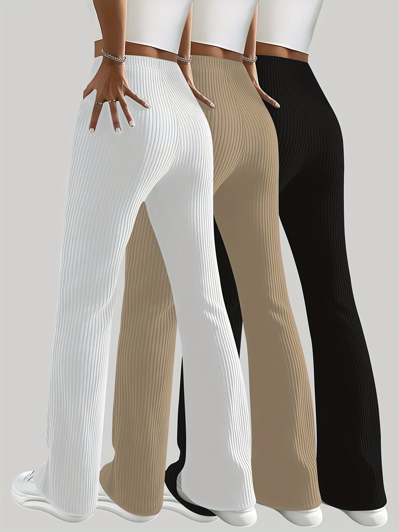 Lot de 3 Pantalons Femme Jambe Large – Taille Élastique avec Ceinture et Ourlets, Couleurs Bleu/Rouge/Noir, Tous Saisons, Bureau et Décontracté