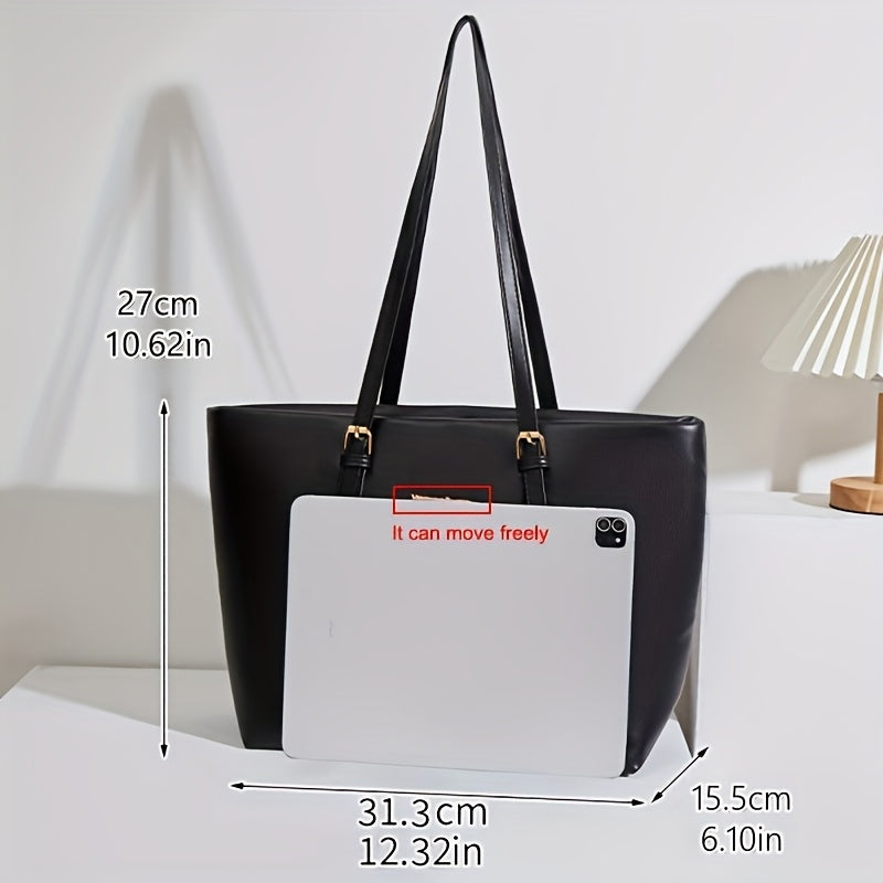 Sac Cabas Femme Grande Capacité – Sac Élégant Minimaliste avec Quincaillerie Dorée, Bandoulière Fixe et Fermeture Éclair, Noir/Blanc, Finition Brillante, Parfait pour Voyages et Usage Quotidien, Sac Durable à Main ou en Bandoulière