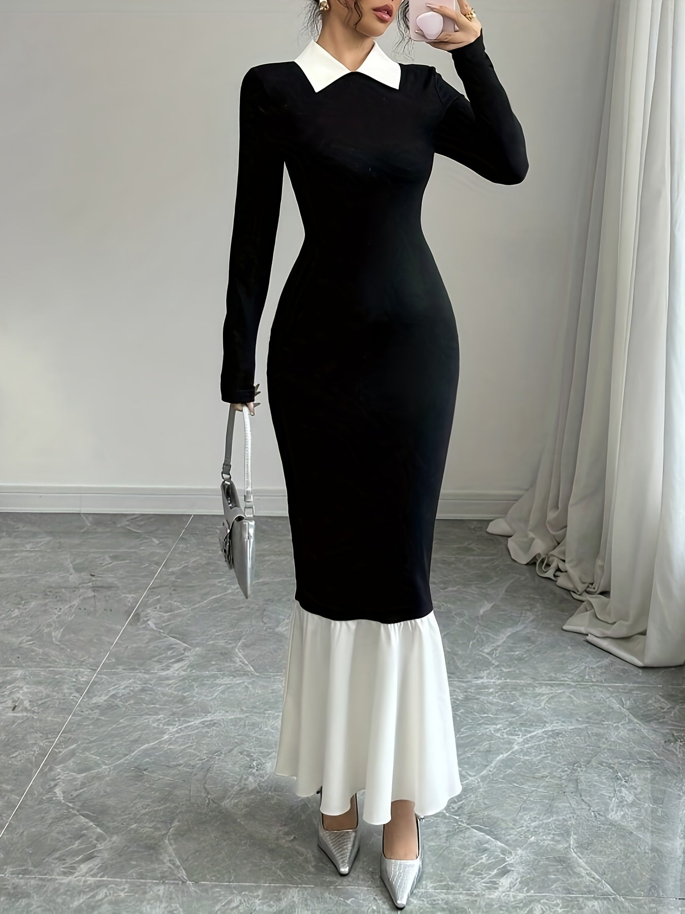A Long-Sleeved Dress with a Shirt Collar, Featuring a Color-Blocking Design That Is Tailored to Create a Slim Silhouette, Perfect for Daily Commutes, Casual Outings, And Elegant Gatherings.