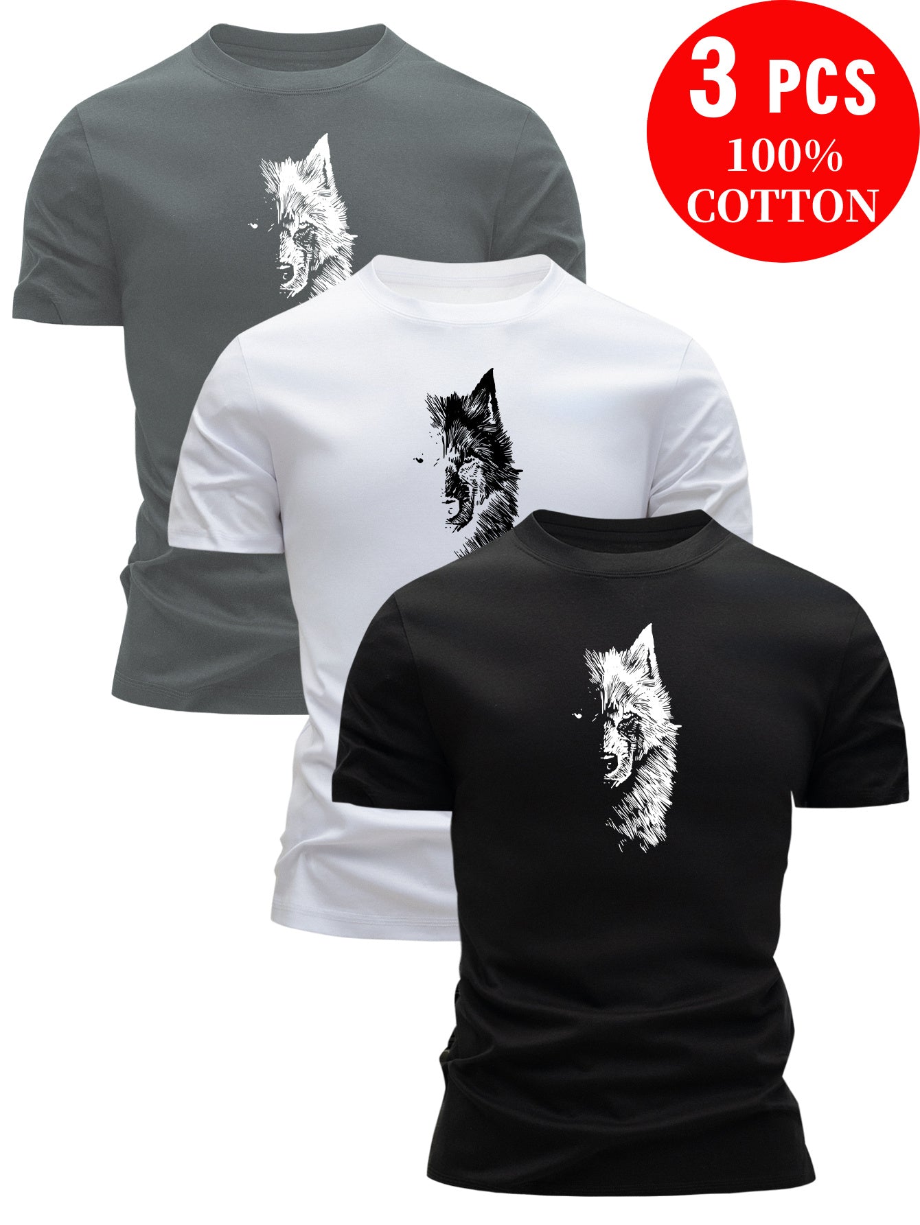 3pcs 100% Cotton T-Shirts with Wolf Graphic, Casual Crew Neck in Multiple Colors for Men