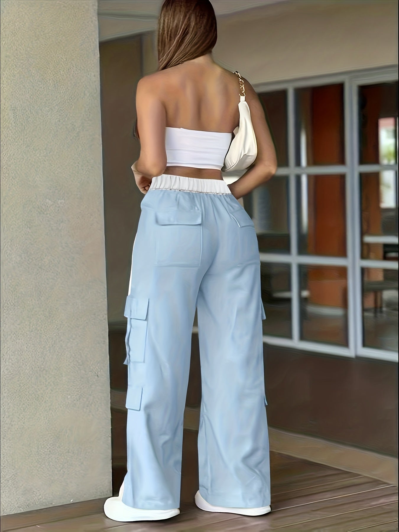 Pantalon Cargo Femme Robuste – Bandes Blanches et Grandes Poches, Tous Saisons, Sans Ceinture