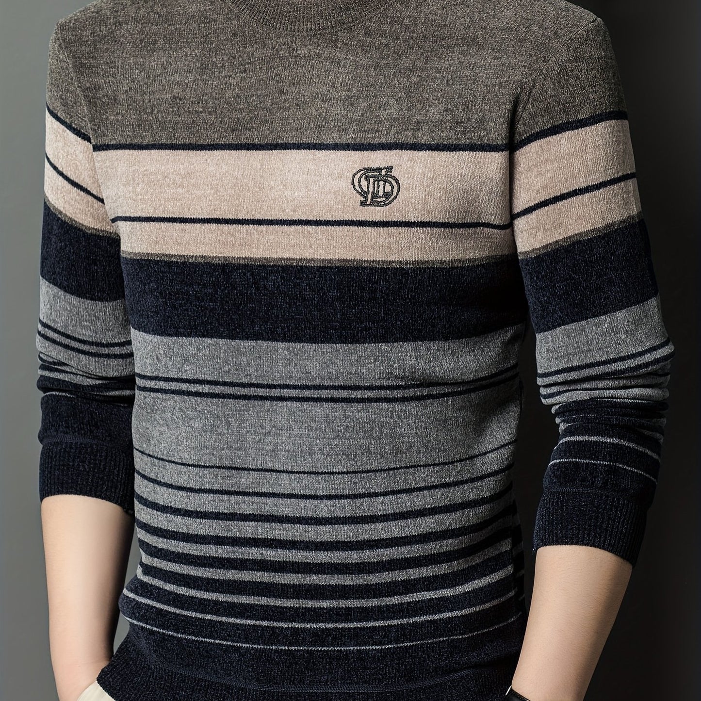 Men's Winter Thermal Fleece-Lined Striped Sweater - Thickened Warm Pullover with Embroidered Logo, Casual Round Neck Long Sleeve Knit Top, Machine Washable (Black/Brown/Beige), Cold Weather Apparel, Ribbed Texture, Comfortabl