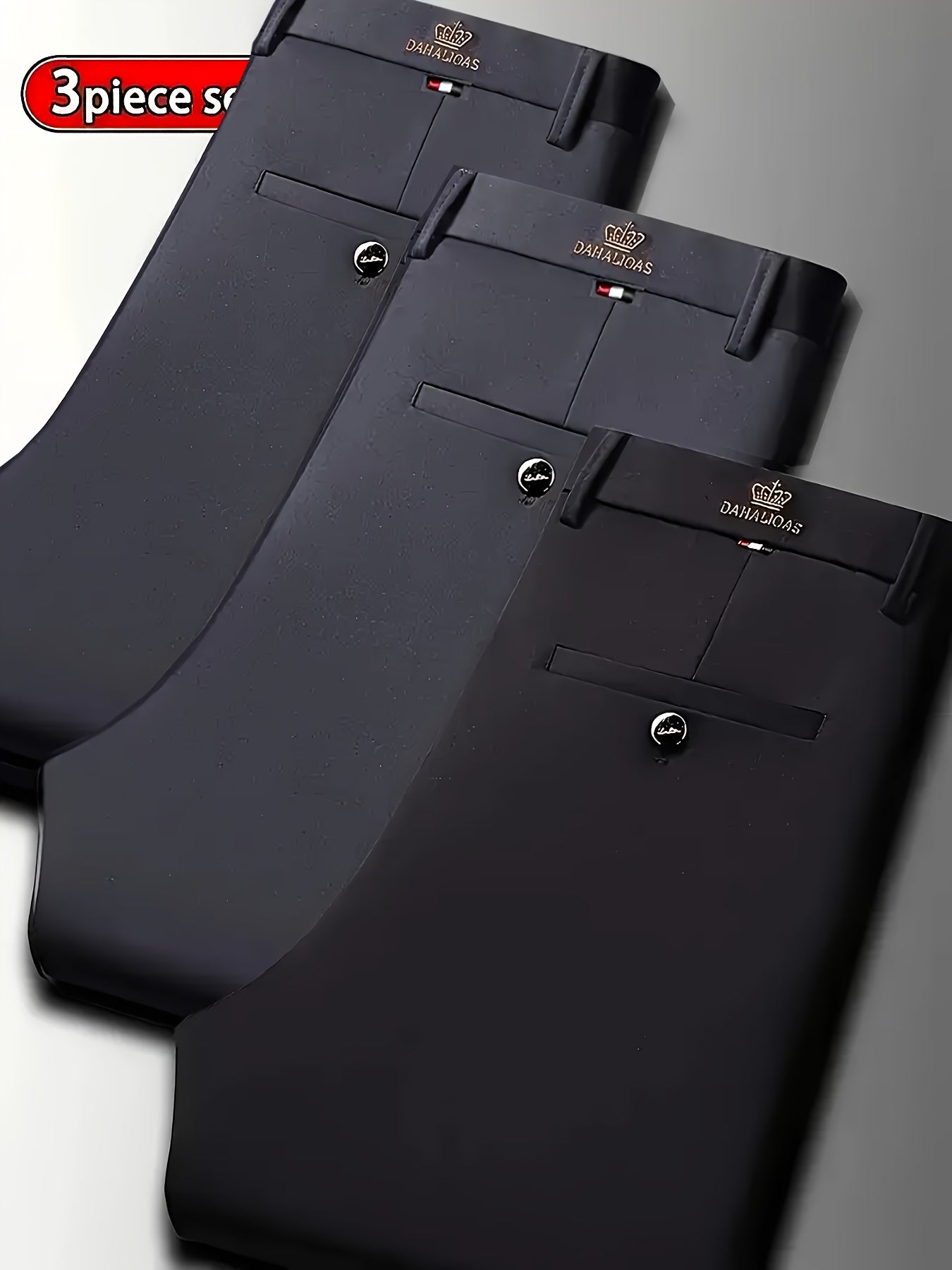 3pcs Pantalons Homme Business Casual – Stretch, Anti-Rides, Tout Saison, Logo, Zipper, Regular Fit