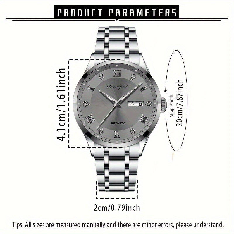 Men'S Automatic Mechanical Watch with Calendar & Date Display, Luminous Hands, Roman Numerals, Stainless Steel Strap & Case, Business Style Luxury Wristwatch, Date Display Watch | Elegant Wristwatch | Durable Watch, W