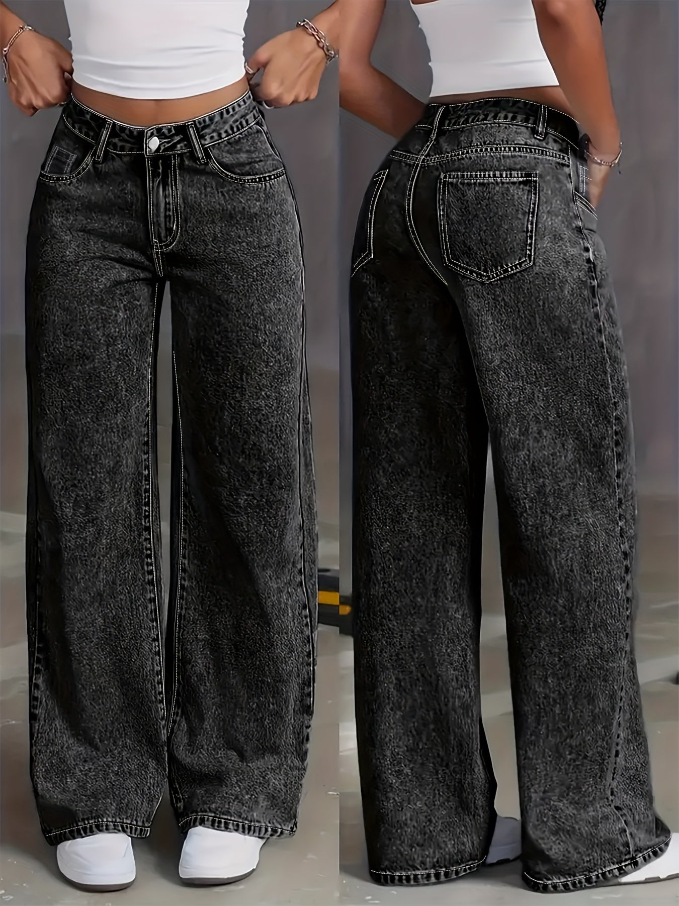 Jeans Femme Grande Taille Taille Haute Jambe Droite Extensible Effet Snow-Wash Confort Toute Saison Style Bohème Durable