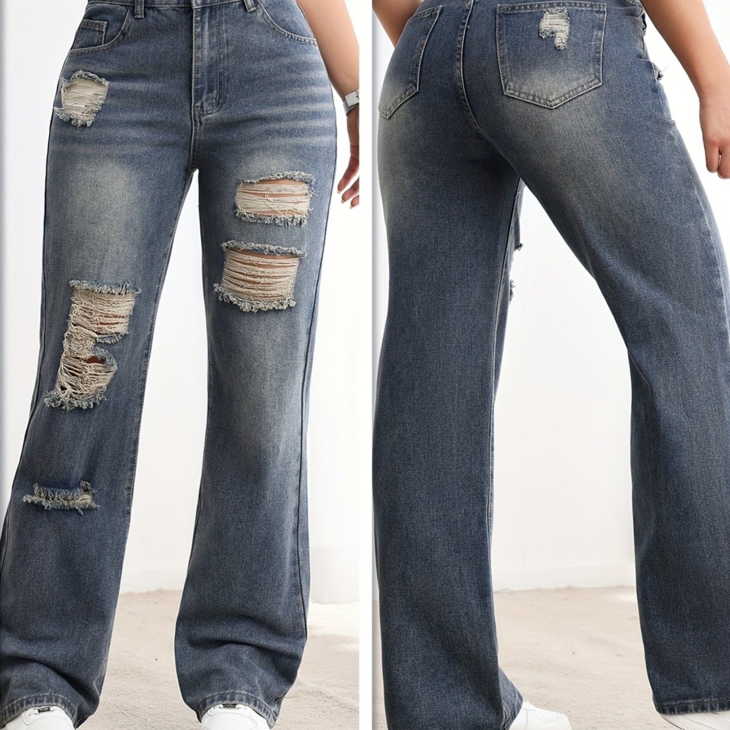 Jeans pour femmes, élégants, de style européen et américain, nouveau design, taille ajustable, effet usé, jambes droites et jambes larges.