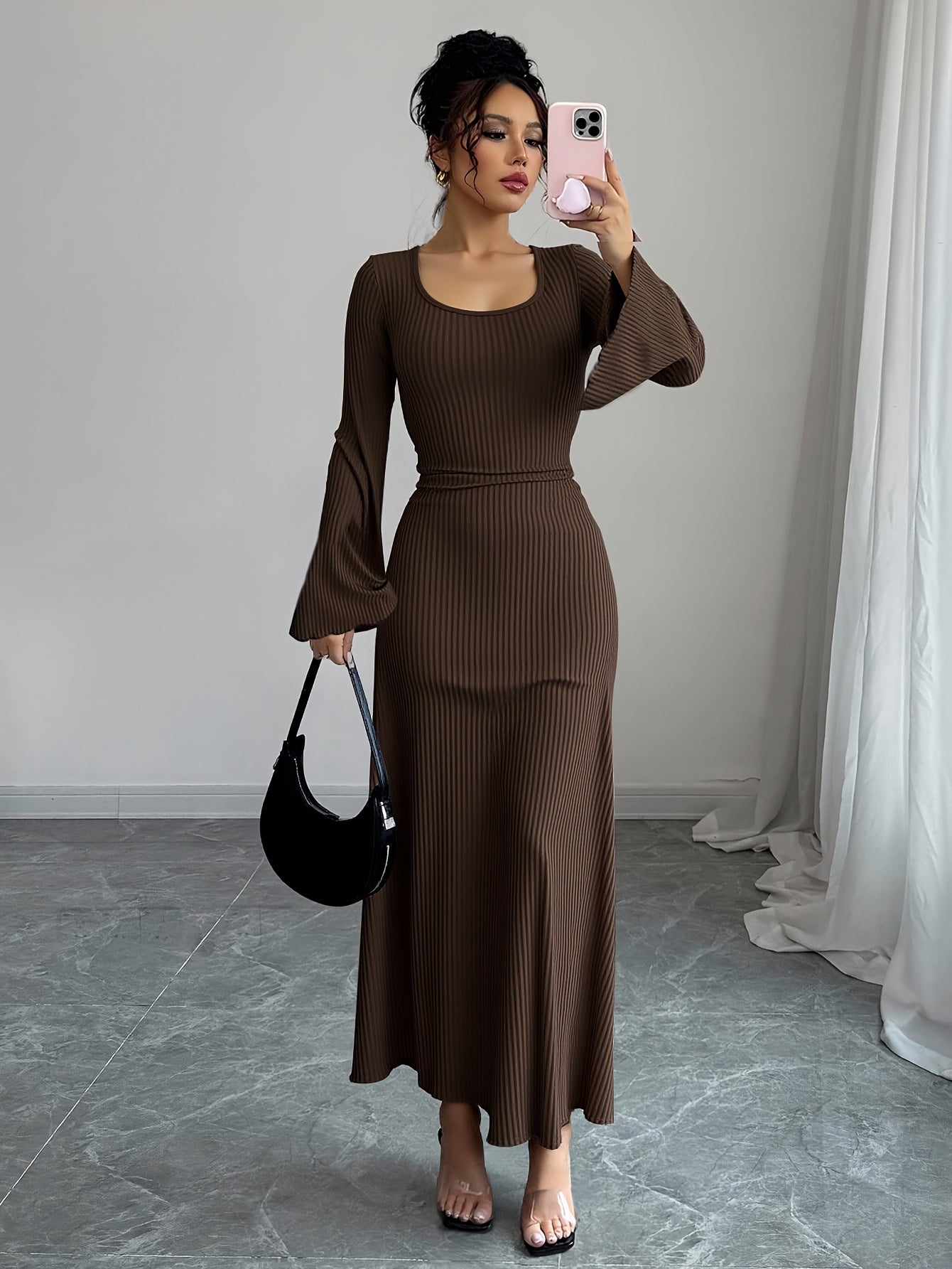 Robe Maxi Traditionnelle Femme Élégante – Couleur Unie, Manches Bouffantes, Nœud au Dos, Silhouette A-Ligne, Col Rond, Longue, Idéale Événements Formels