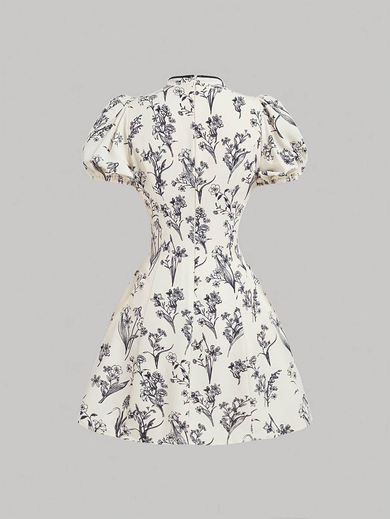 Robe courte chinoise femme – Col montant, manches bouffantes, taille cintrée, motif floral