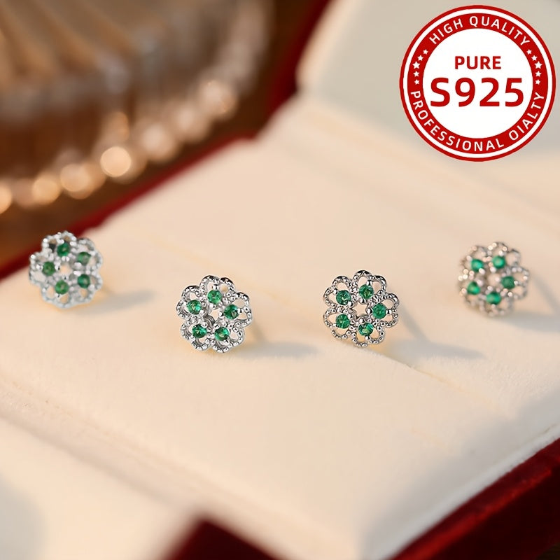 1 paire de boucles d’oreilles élégantes style français à fleur creuse avec zirconia synthétique vert – 1,1 g, argent sterling 925