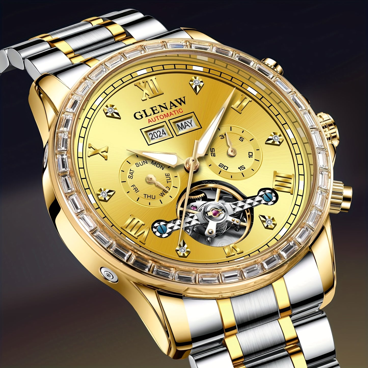 Men'S Automatic Mechanical Watch - Stainless Steel Band, Date Display, Perpetual Calendar, Rose Golden Hands, Zinc Alloy Case, Elegant Design for Everyday & Formal Wear, Formal Timepiece, Luxury Timepiece, Sophisticate