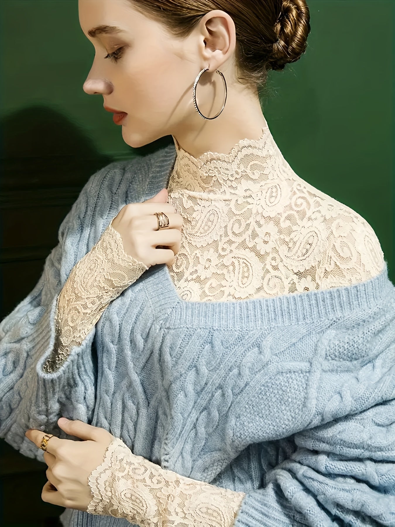 Lot de 2 Hauts Femme en Dentelle Unie - Col Semi-Montant Élégant, Manches Longues, Idéal comme Sous-Couche pour le Printemps et l’Automne, T-Shirt Féminin