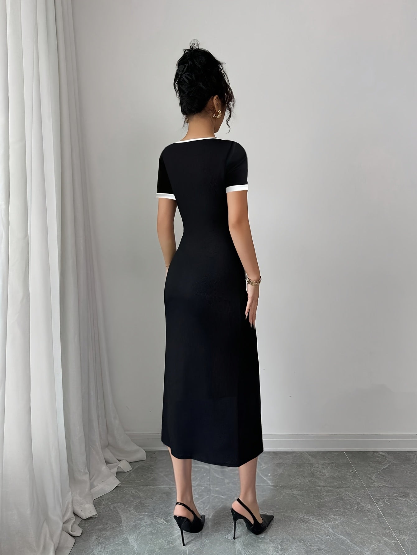 Elegant Casual Front Button Western Color-Trimmed Women's Dress