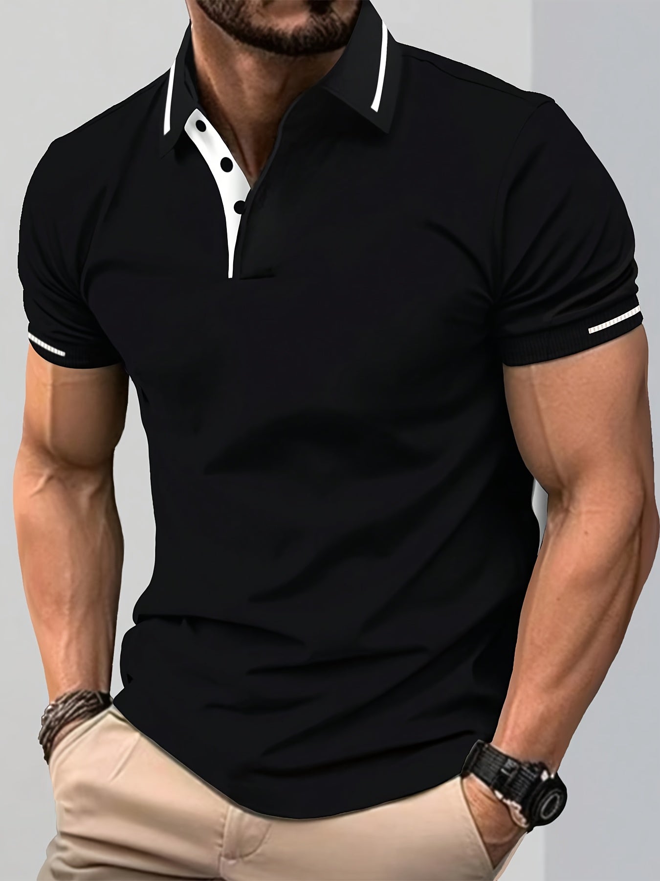 Men'S Fashion Casual Short Sleeve Polo Shirt | Solid Color with Rib-Knit Details, Regular Fit, Ideal for Business, Golf, Tennis Training