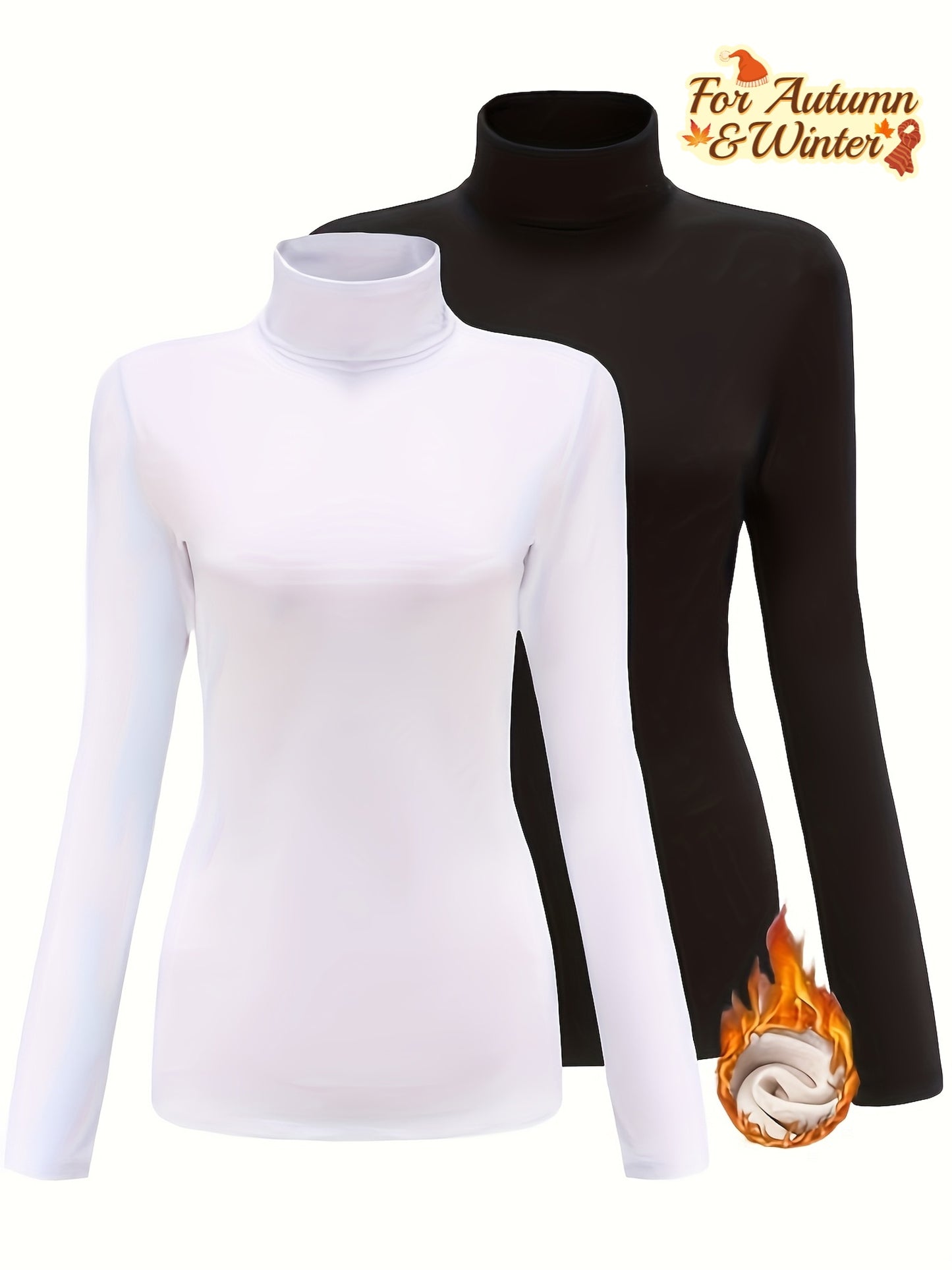 Lot de 2 Tops Femme Col Roulé Thermiques – Manches Longues, Extensibles, Couleur Unie Blanc et Noir