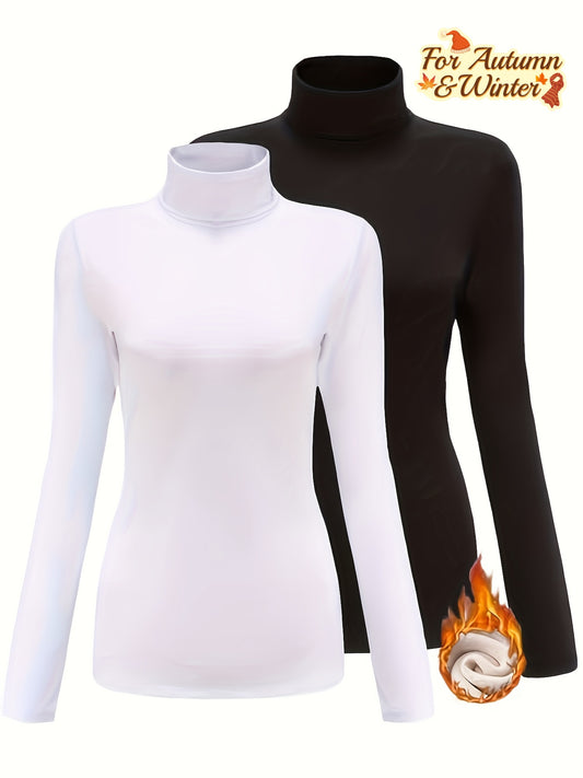 Lot de 2 Tops Femme Col Roulé Thermiques – Manches Longues, Extensibles, Couleur Unie Blanc et Noir