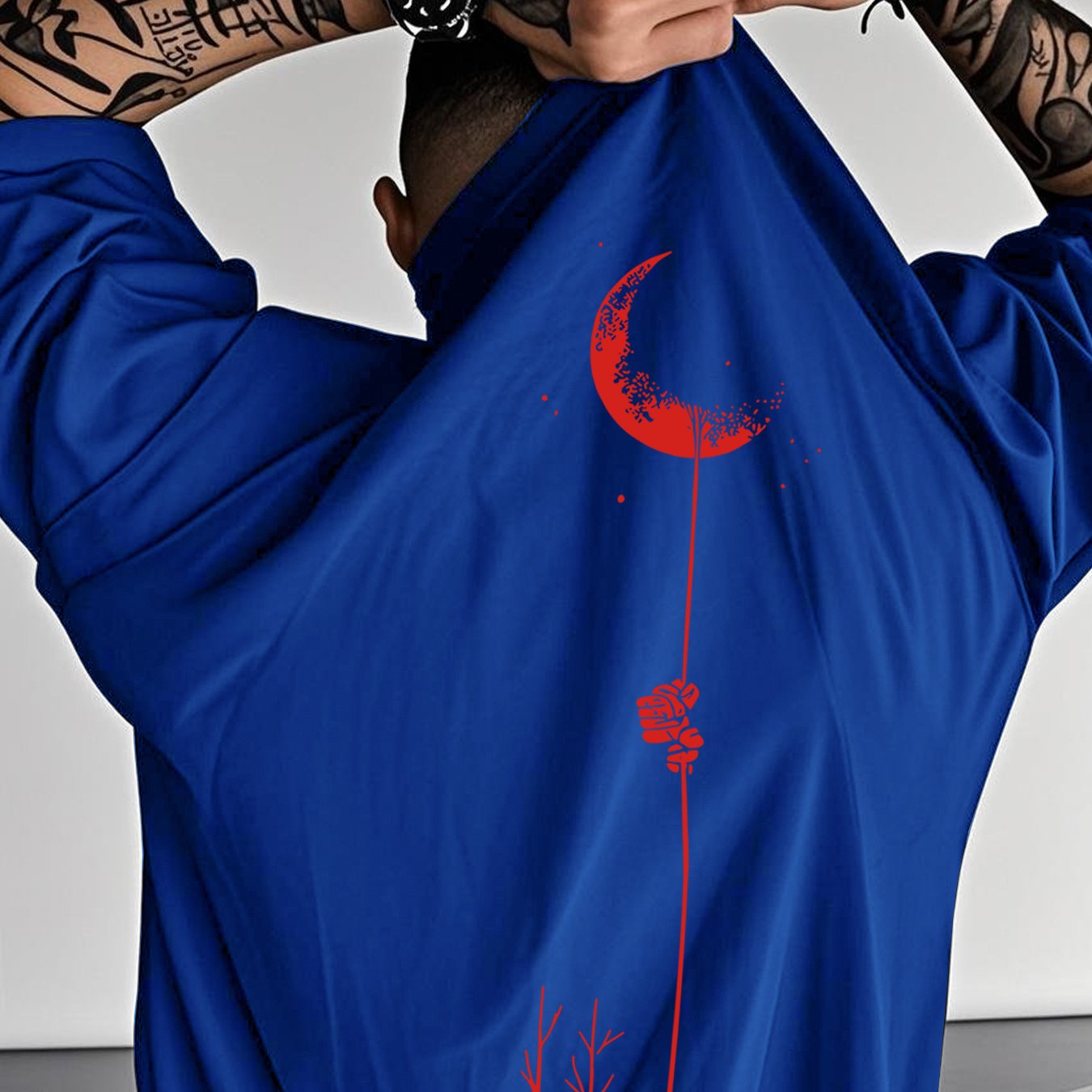 Moon and Trees Design Front & Back Graphic Crew Neck Cotton Summer Fashion Short Sleeve Casual Daily Style Top with Unique Geometric Pattern, Suitable for Spring/Summer Outdoor Activities