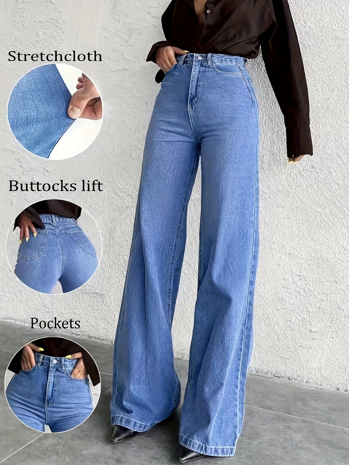 Jeans Taille Haute Évasé Extensible Contrôle Ventre Effet Push-Up Toute Saison Élégant Denim