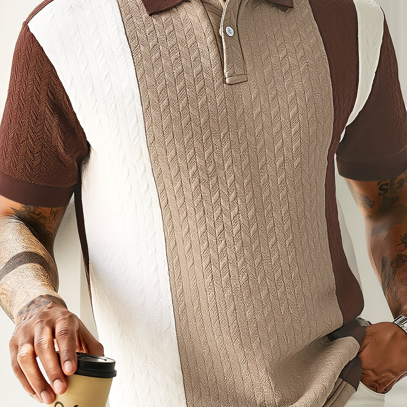 Men's Summer Shirt - Short Sleeve Geometric Pattern Button-Up Collar, Contrast Color Block Design, Breathable Knit Fabric, Machine Washable Casual Top for Office & Leisure, Relaxed Fit Apparel, Easycare Clothing