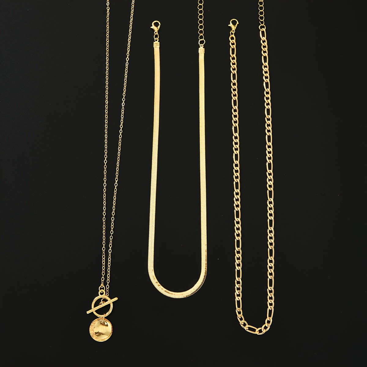 Ensemble de 3 colliers superposés femme – chaîne laminée style os de serpent avec pendentif pièce, en alliage de zinc, accessoire pour vacances et sorties décontractées, combinaison multi-styles