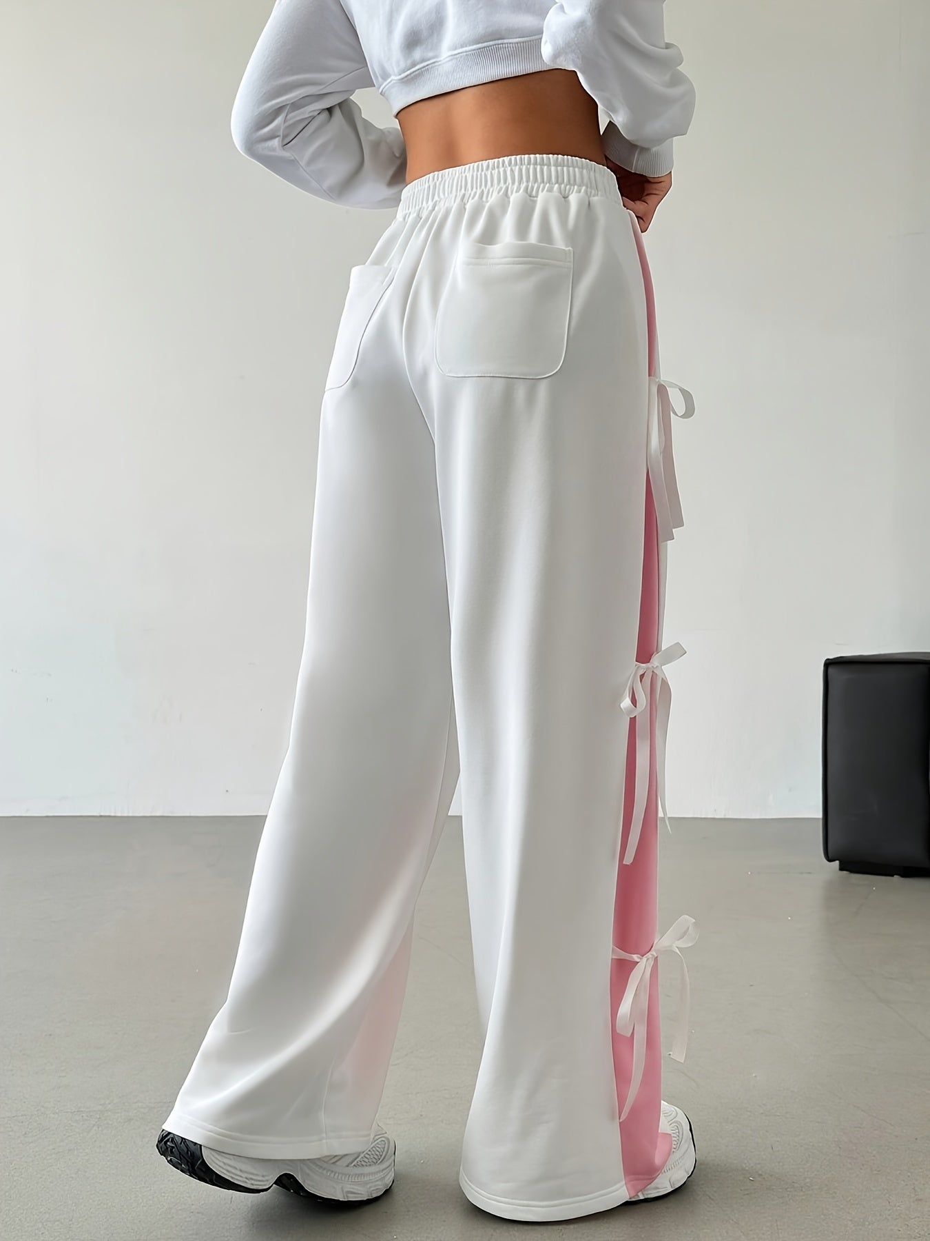 Pantalon Femme Taille Haute – Jambe Large avec Rayures Contraste Rose/Blanc, Taille Élastique à Cordon, Décontracté, Printemps/Été/Automne