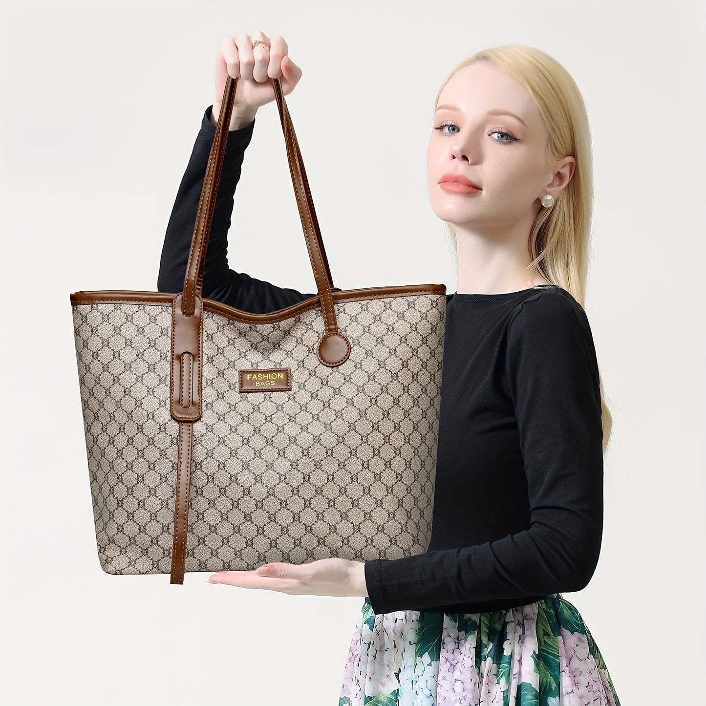 Sac fourre-tout femme avec portefeuille, grande capacité, motif géométrique, fermeture éclair, polyester, marron