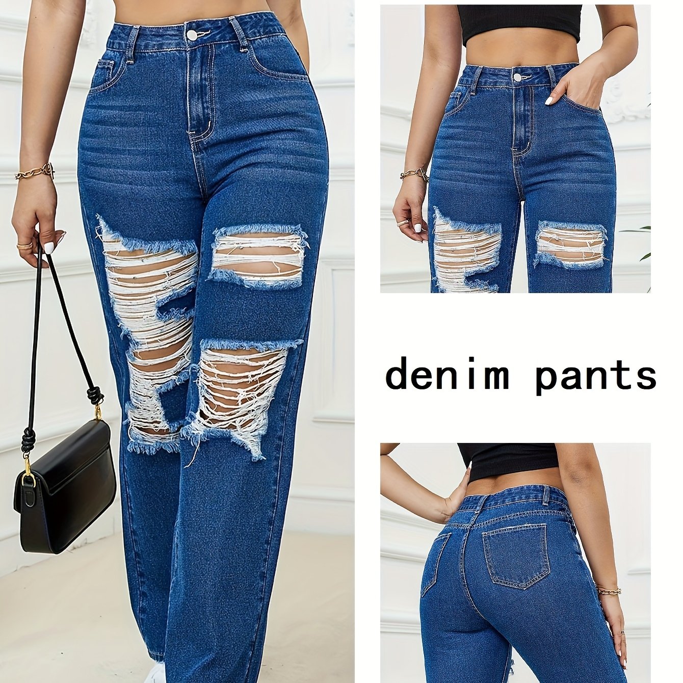 Jeans Femme Taille Haute Jambe Large Effet Troué Plissé Sexy Respirant Denim