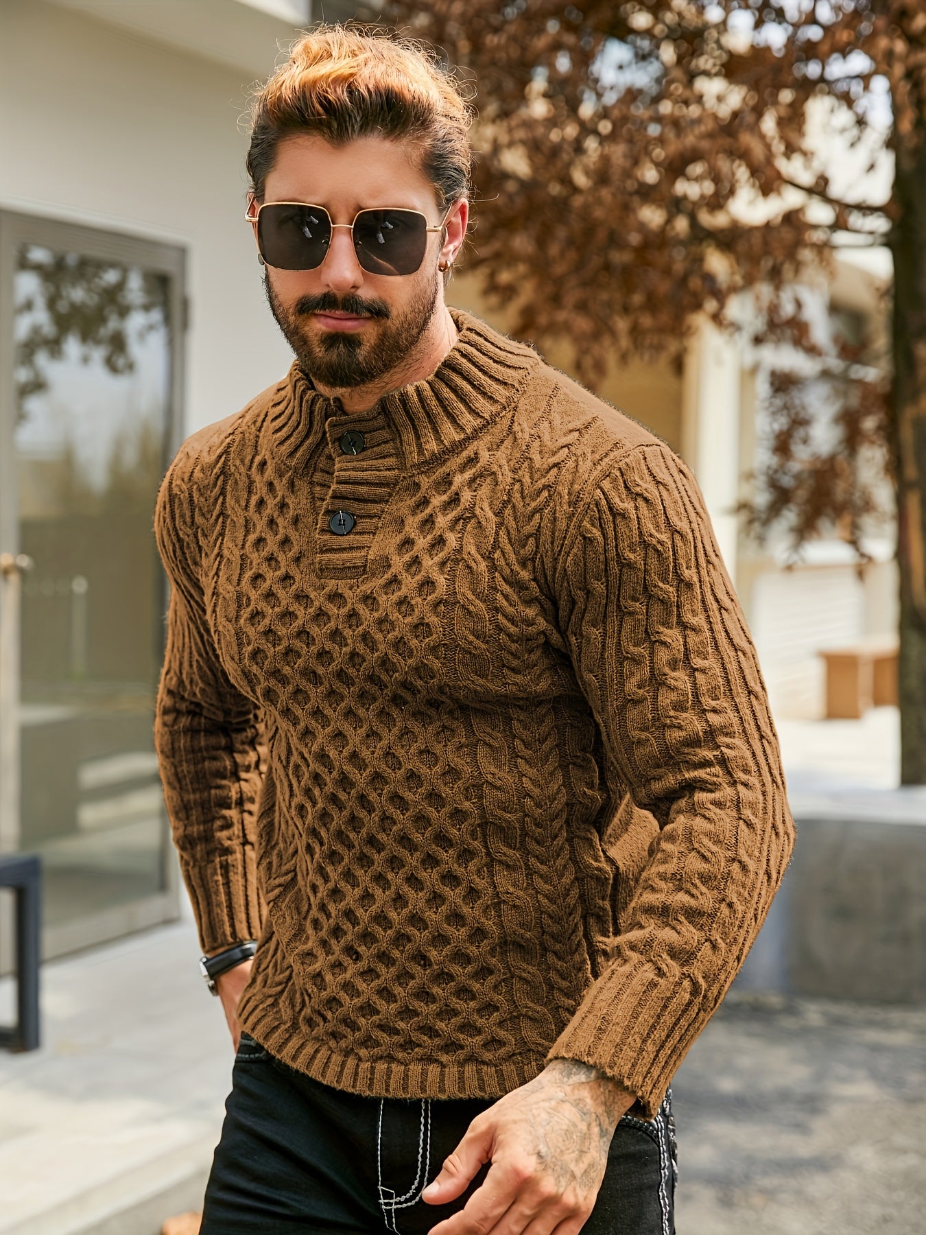Men's Thermal Stand Collar Cable Knit Sweater - Striped H-Shape Regular Fit Pullover, Machine Washable Winter Sweater with Ribbed Detailing for Autumn & Winter, Knit Sweater, Medium Elasticity Fabric