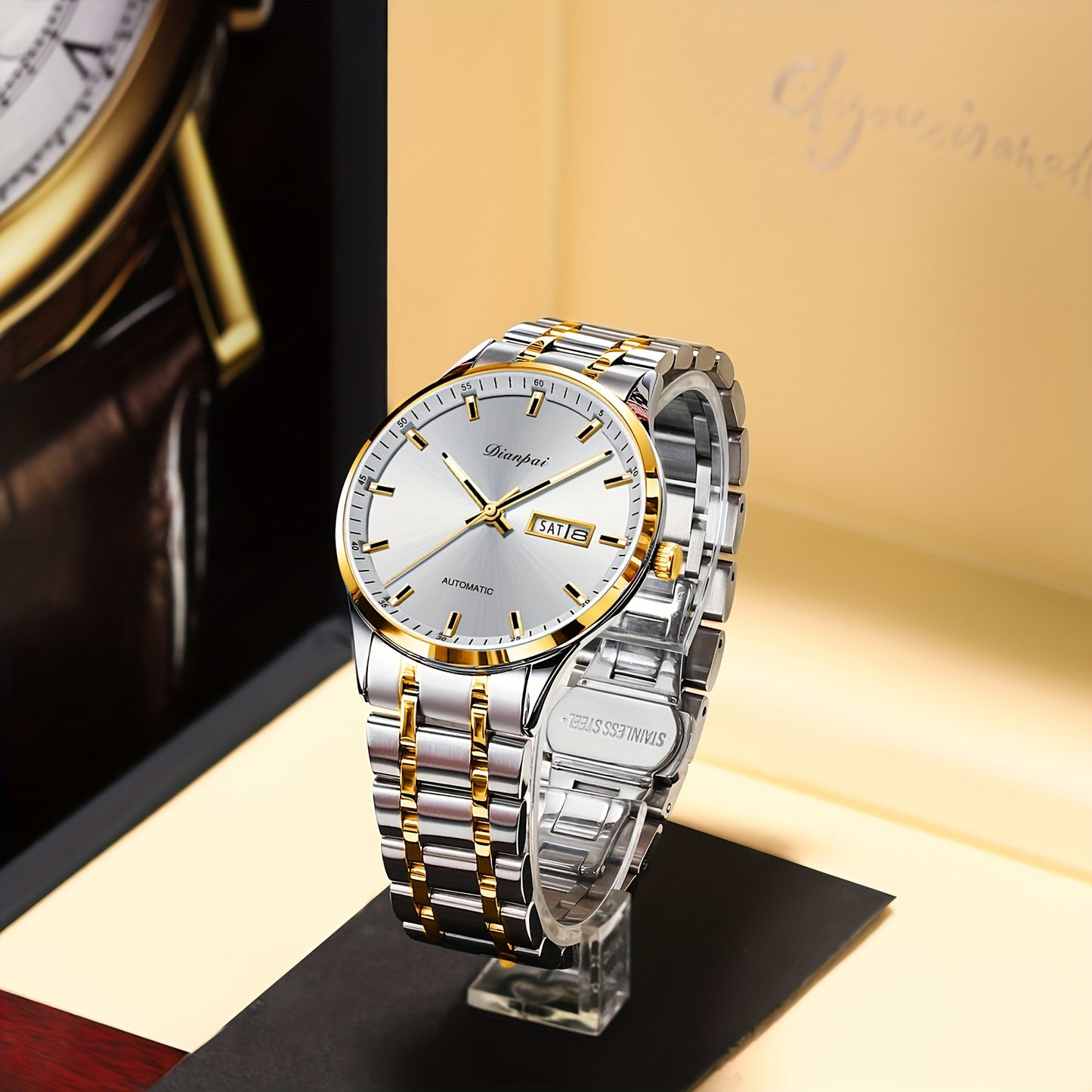 Montre classique luxueuse pour homme avec éclairage nocturne et calendrier, bracelet en acier inoxydable, cadeau parfait pour homme, montre mécanique automatique homme Dianpai, sans batterie