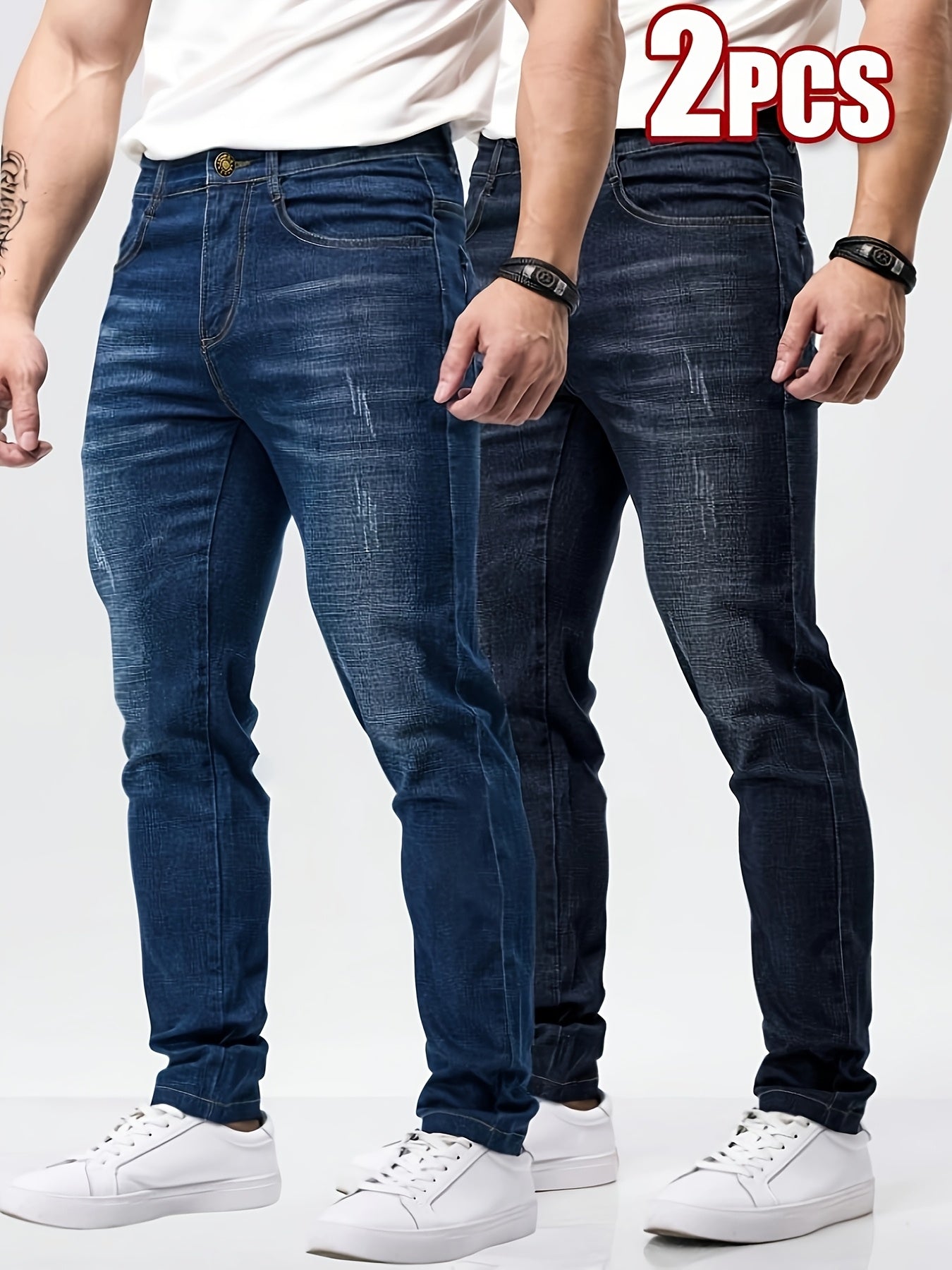 Lot de 2 jeans skinny homme – Style casual, tissu légèrement extensible, couleur unie, longueur normale, toutes saisons avec poches