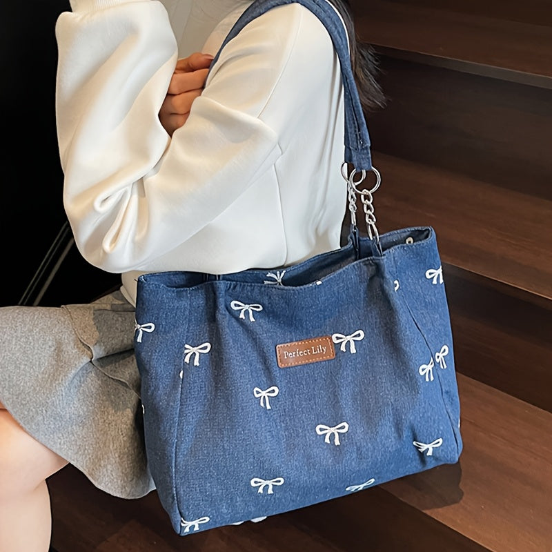 Sac Cabas Femme– Bandoulière Chaîne Fixe, Broderie Nœud, Fermeture Zippée Durable, Idéal Quotidien, Shopping et Sorties – Bleu Clair / Bleu Foncé, Idée Cadeau Élégante