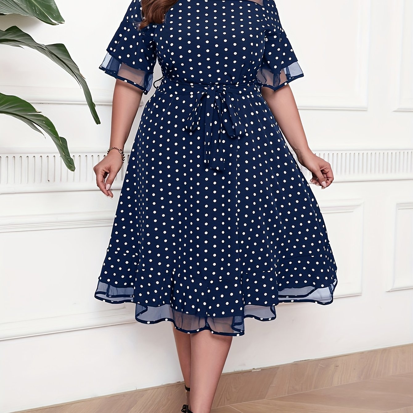 Robe Été Femme Grande Taille – Élégante, Imprimé à Pois, Col Rond, Dos à Nouer, Manches Courtes, Jupe