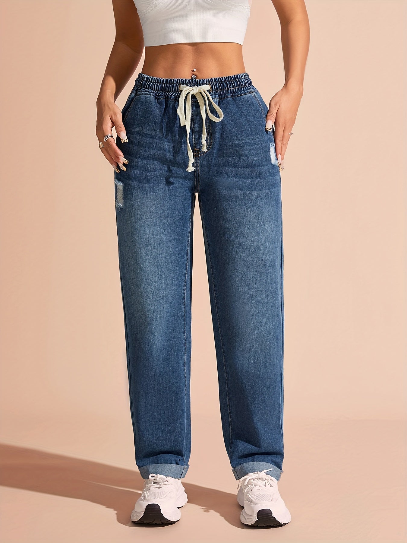 Jeans Femme Taille Haute Denim Cordon Détail Déchiré Jambe Droite Bleu Clair Confort Toute Saison Décontracté