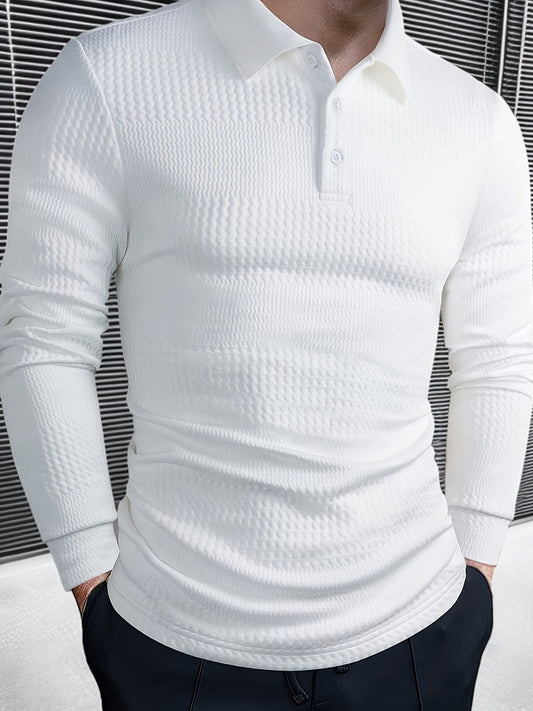 Men's Fashion  Shirt - Long Sleeve, Jacquard Fabric, Vertical Rib Detail, Casual Fitness Style, 100% Polyester, Ideal for Spring and Autumn