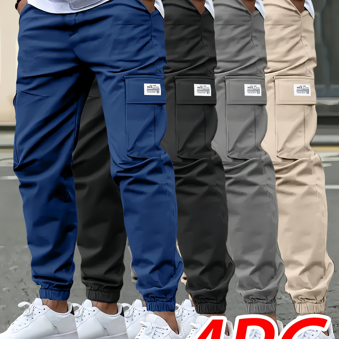 4pcs Pantalons Cargo Homme – Loose Fit, Cordon, Multipoches, Teal/Noir/Gris/Beige, Casual & Outdoor