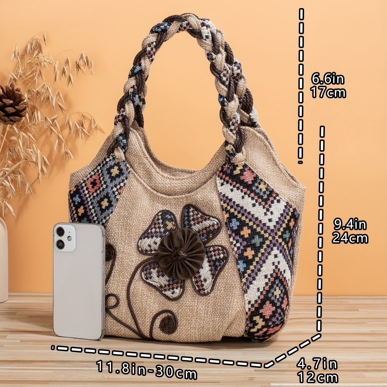 Sac fourre-tout vintage brodé floral – style ethnique rétro, sac hobo bohème décontracté pour femmes