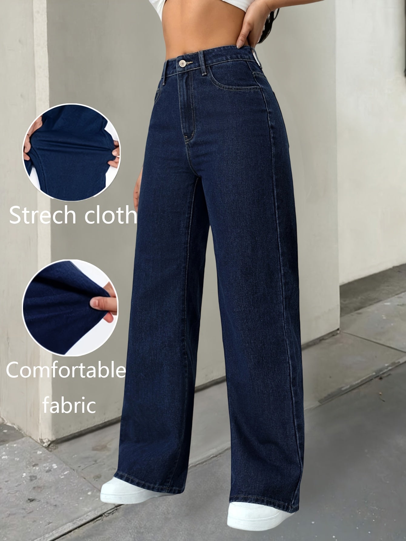 Pantalon Femme Taille Haute en Denim Extensible – Jambe Large, Tissu Confortable, Fermeture Boutons, Coupe Ample, Jeans Polyvalents Toutes Saisons, Idéal Tenue Décontractée, Taille Haute