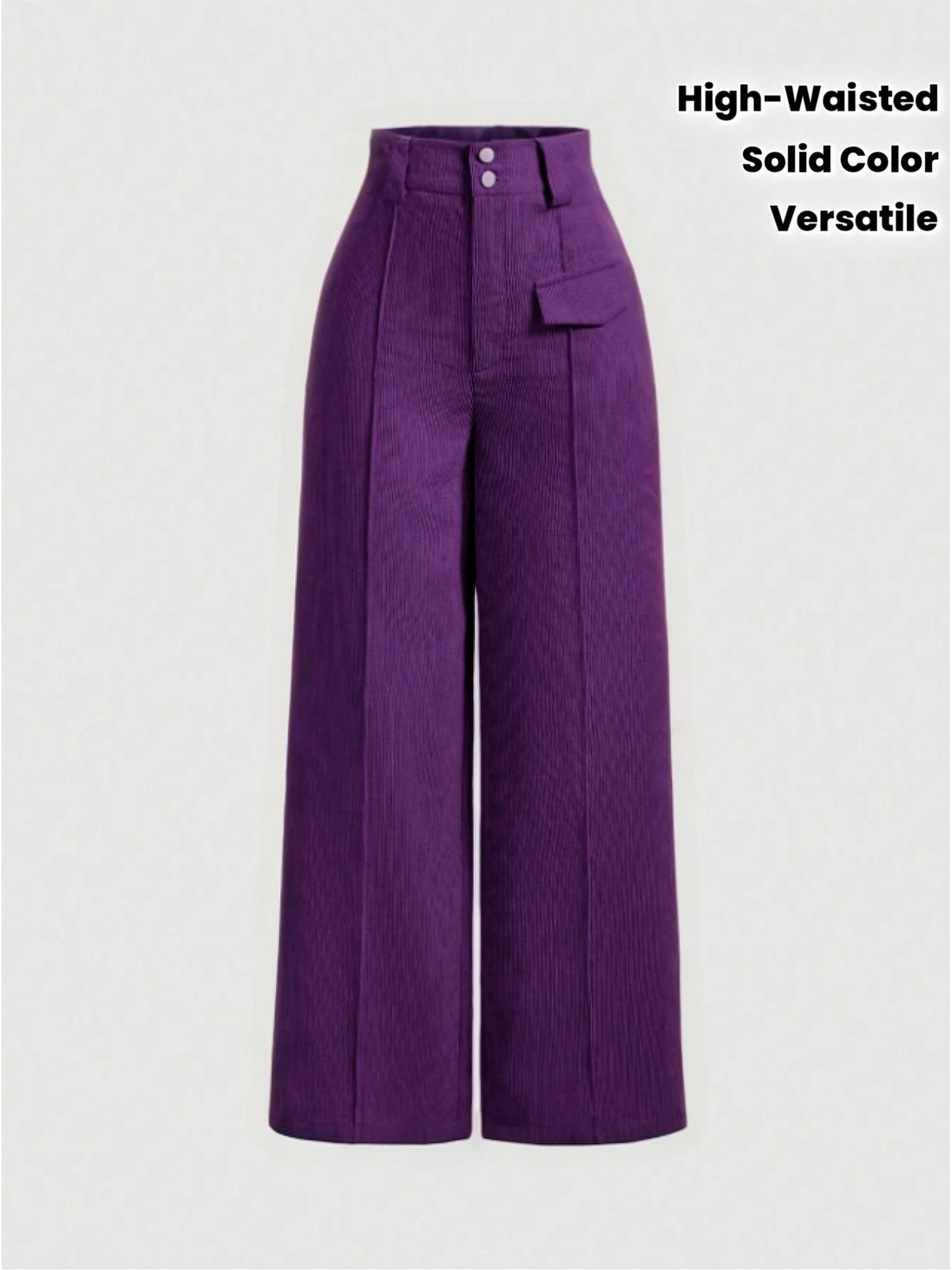 Pantalon Femme Élégant Jambe Large – Couleur Unie, Boutons, Plissé, Taille Haute, Automne/Hiver